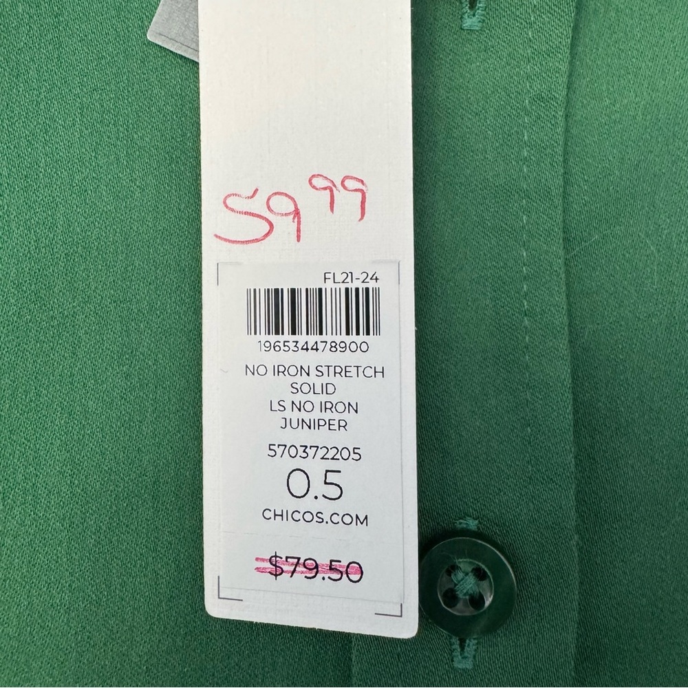 Chico’s Blouse Womens Button Up No Iron Stretch Juniper Green Size 6 Chico’s 0.5 - Picture 5 of 6